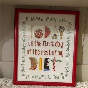 Framed Cross-Stitch “Today is the first day of the rest of my diet”